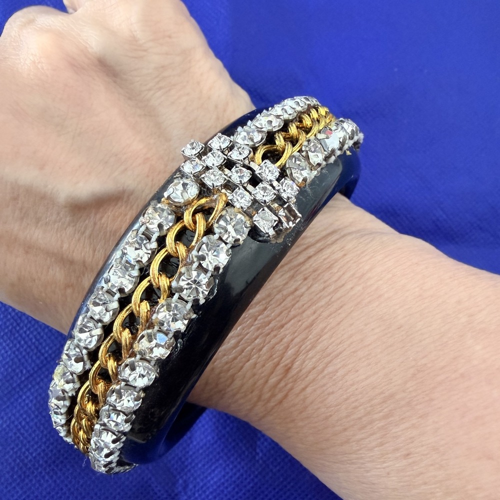 Black Rhinestone Chain Bangle Bracelet Womens 8 Inch Gold Tone Crystal Glam